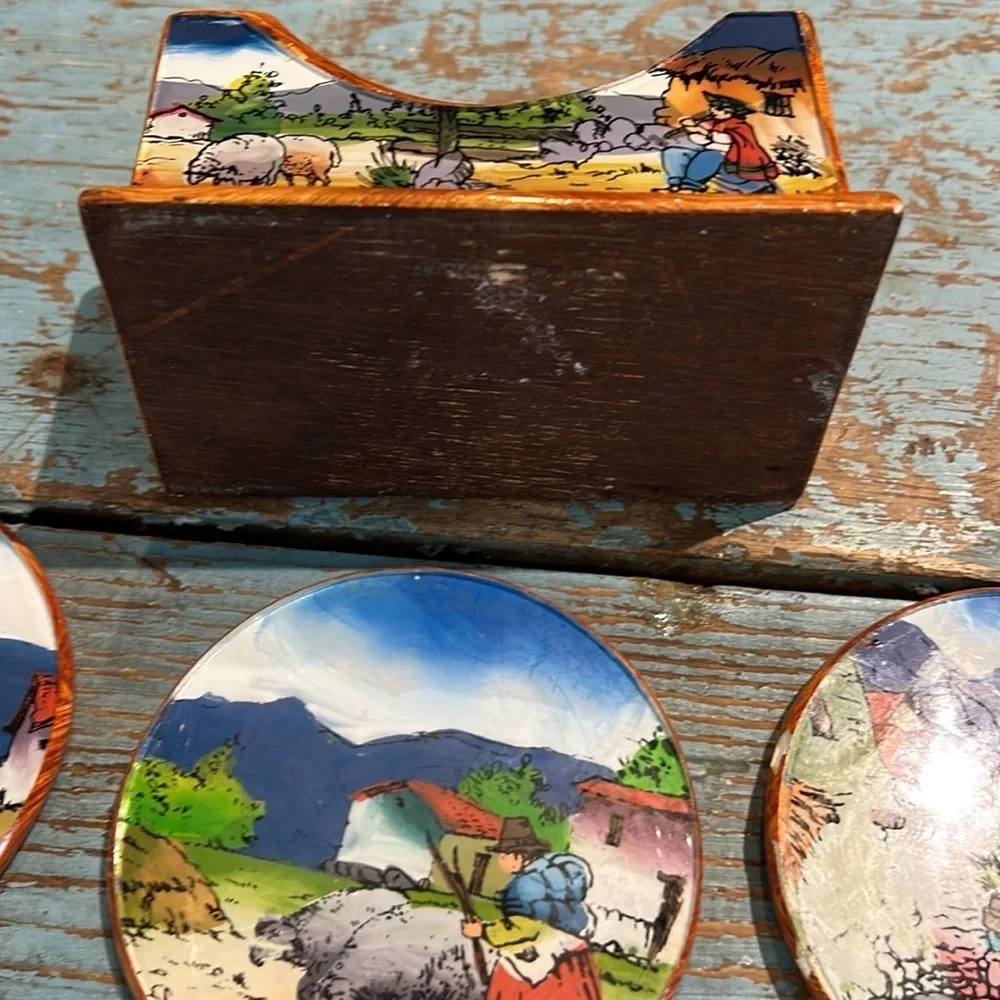 Hand Painted South American Folk Art Wooden Coasters - 6 Peru Scenes Vintage!